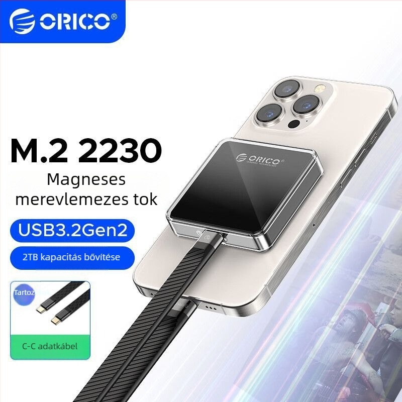 M.2 SSD külső ház USB-C, alumínium ötvözet tokozás, támogatja 2TB-ig, USB-C 10Gbps, kompatibil Windows/Mac/Linux/Android, Modell ORICO-AP30-G2-BK-BP