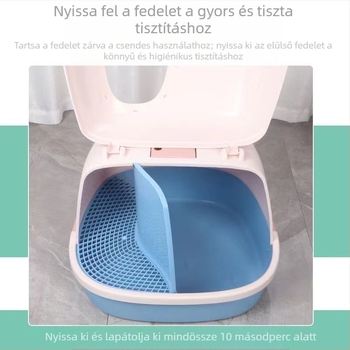 Nagy méretű, teljesen zárt folyosó típusú macska WC szagcsökkentéssel, homokkal együtt, kölyökmacskáknak és felnőtt macskáknak