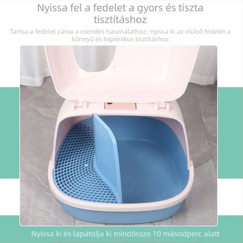 Nagy méretű, teljesen zárt folyosó típusú macska WC szagcsökkentéssel, homokkal együtt, kölyökmacskáknak és felnőtt macskáknak