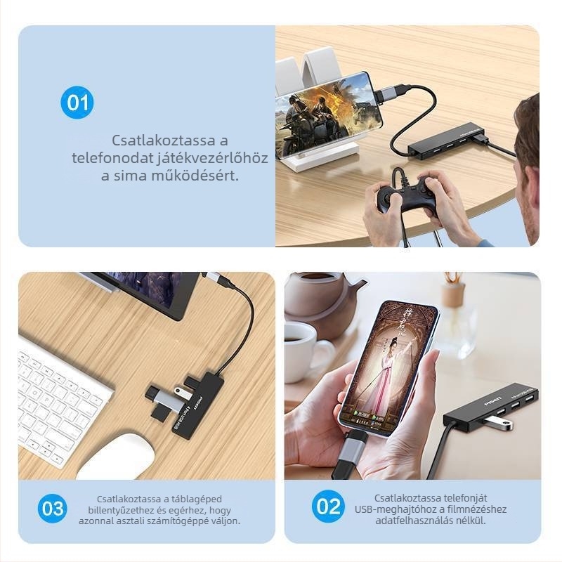 Pisen USB 2.0 négyportos hub, USB-ről táplált, 0,25 m kábellel, nagy sebességű 2.0 átvitellel