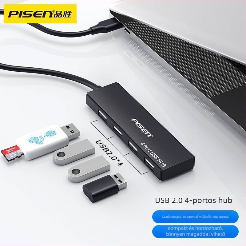 Pisen USB 2.0 négyportos hub, USB-ről táplált, 0,25 m kábellel, nagy sebességű 2.0 átvitellel