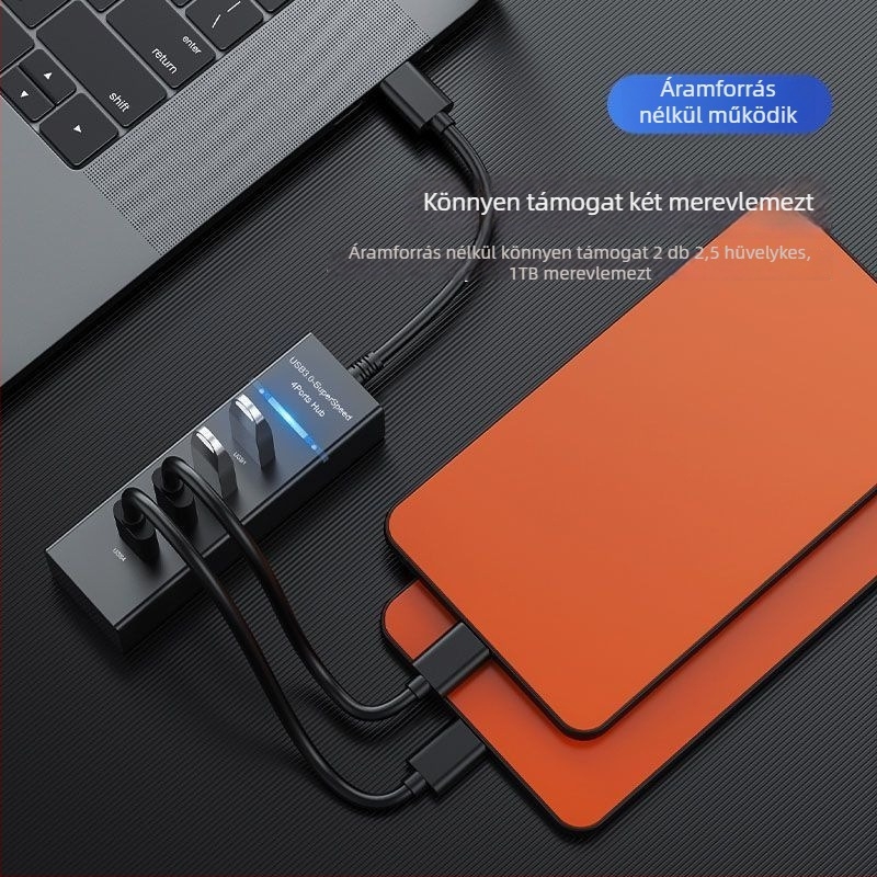Alek USB 3.0 hub, 1–4 porttal, átviteli sebesség 50–70 MB/s, kábelhossz 20 cm / 1,5 m, külső tápegység nélkül