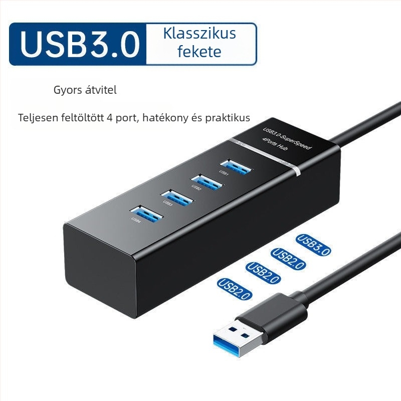 Alek USB 3.0 hub, 1–4 porttal, átviteli sebesség 50–70 MB/s, kábelhossz 20 cm / 1,5 m, külső tápegység nélkül