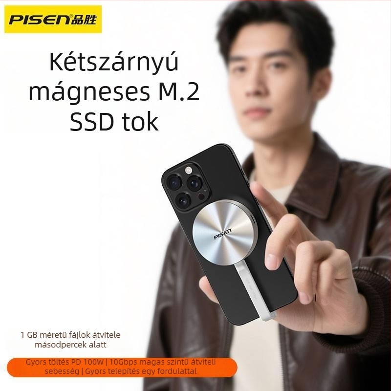 M.2 mágneses külső SSD-ház | USB 3.2 Gen2, PCIe 4.0, Maximum 2 TB-ig, Alumínium + Szilikon burkolat