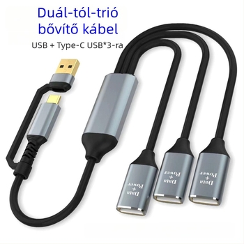 USB Type-C USB 2.0 3-portos hub, 30 cm kábel, OTG adatok
