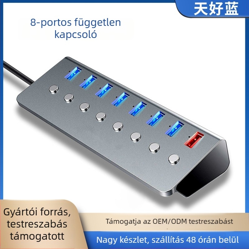USB 3.0 hub, 8 porttal, alumínium ötvözet test, külső tápegység nélkül, 1 m kábel, 5 Gbps