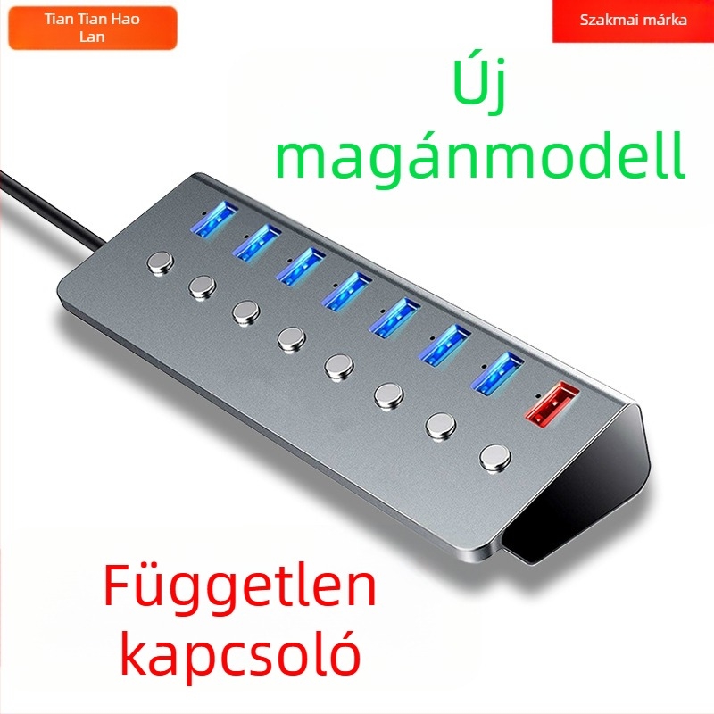 USB 3.0 hub, 8 porttal, alumínium ötvözet test, külső tápegység nélkül, 1 m kábel, 5 Gbps