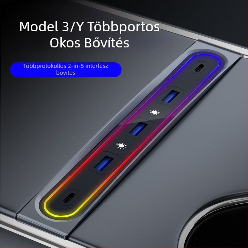 Tesla Model 3/Y kesztyűtartóval ellátott központi konzolos töltőhub, 6 USB-C porttal, 1 m kábellel, 27W gyorstöltés, külső tápegység nélkül