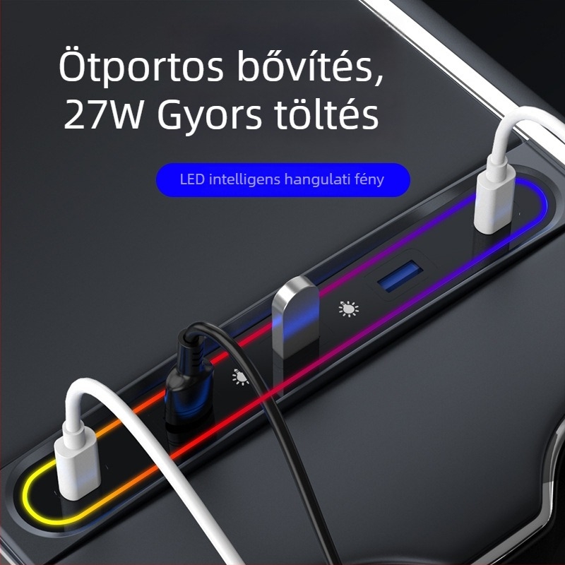 Tesla Model 3/Y kesztyűtartóval ellátott központi konzolos töltőhub, 6 USB-C porttal, 1 m kábellel, 27W gyorstöltés, külső tápegység nélkül