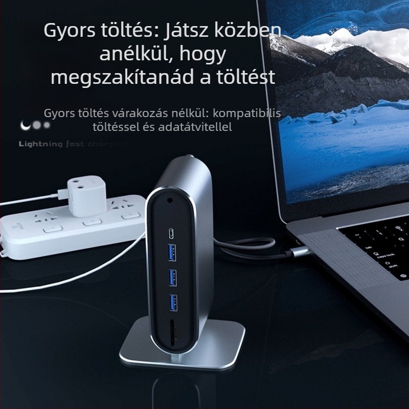 Type-C 12-in-1 dokkolóállomás USB hub laptophoz külső tápegységgel, 40 cm kábel, USB-C interfész, átviteli sebesség 3.2