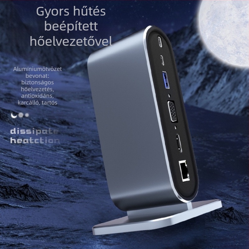 Type-C 12-in-1 dokkolóállomás USB hub laptophoz külső tápegységgel, 40 cm kábel, USB-C interfész, átviteli sebesség 3.2