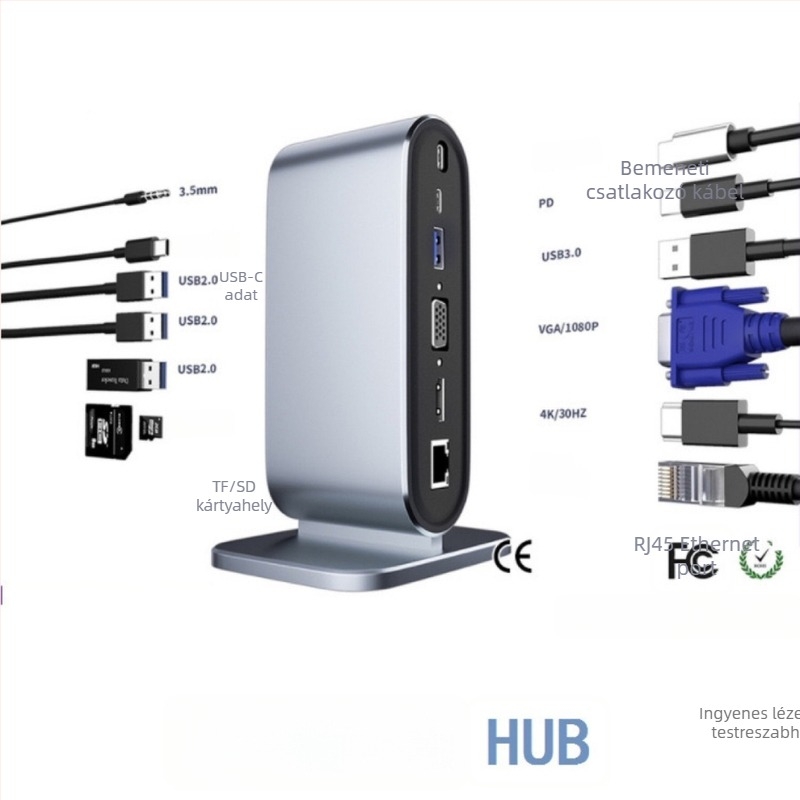 Type-C 12-in-1 dokkolóállomás USB hub laptophoz külső tápegységgel, 40 cm kábel, USB-C interfész, átviteli sebesség 3.2
