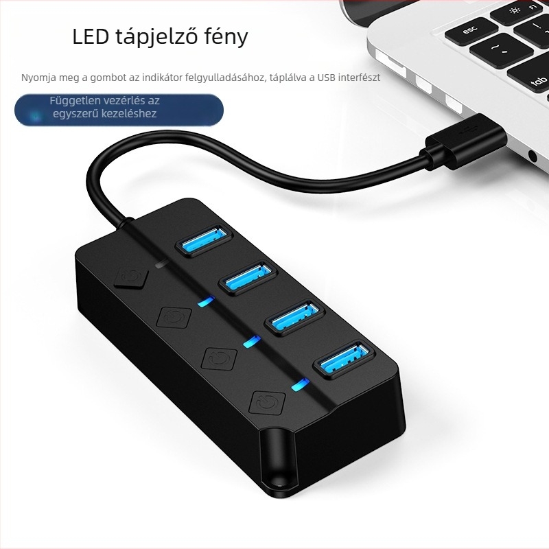 USB 3.0 4-portos hub külön kapcsolóval és külső táppal, Kawazhizawa CZ-01, 5 Gbps
