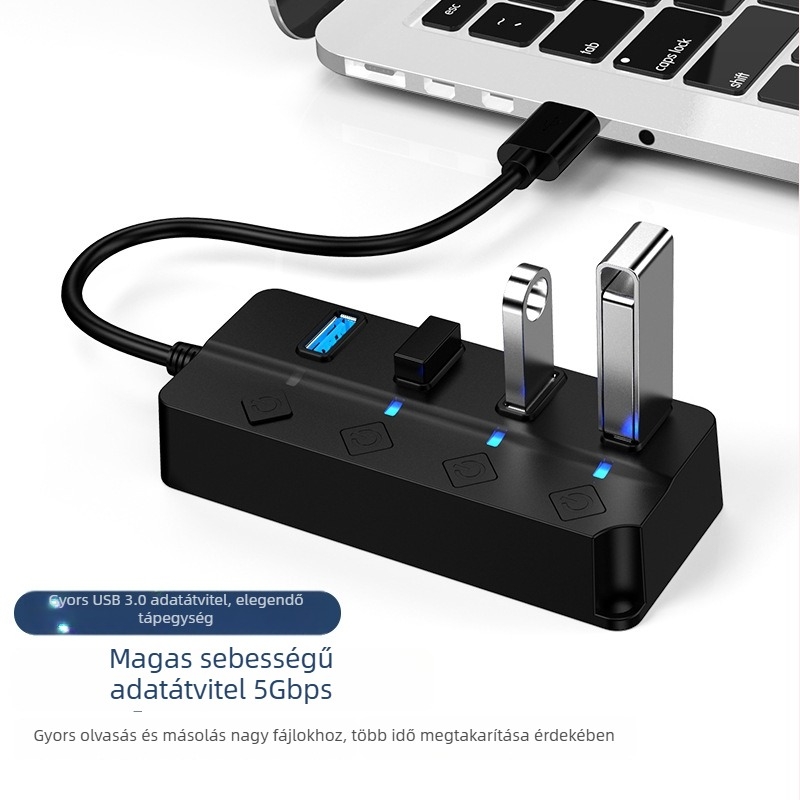 USB 3.0 4-portos hub külön kapcsolóval és külső táppal, Kawazhizawa CZ-01, 5 Gbps