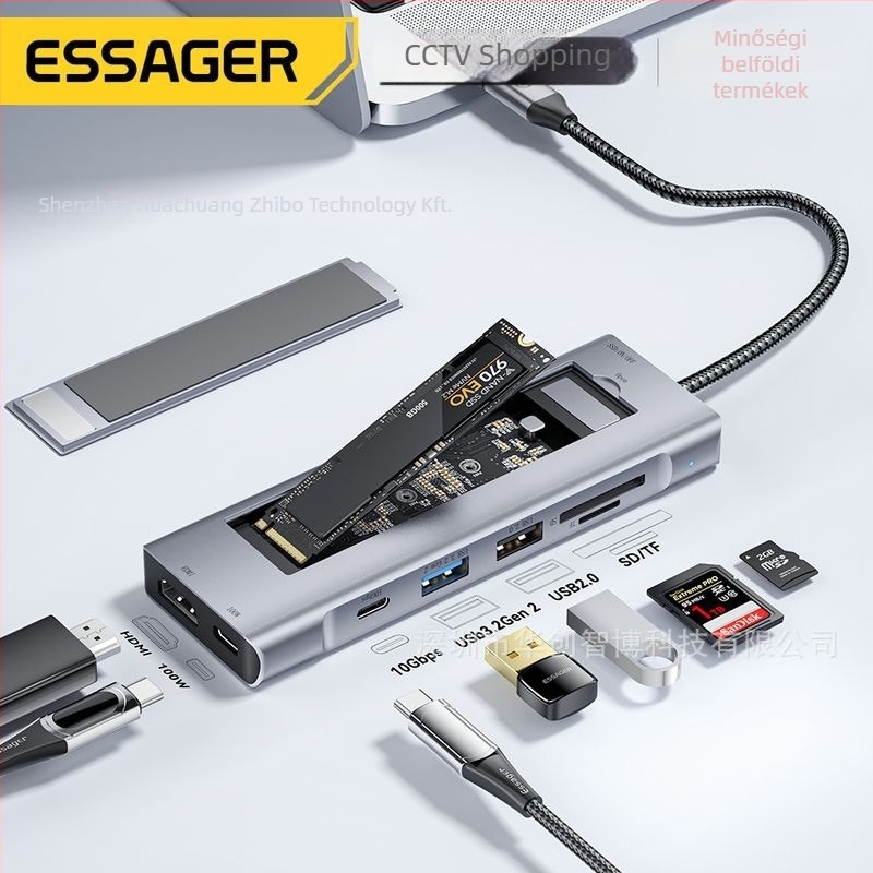 ESSAGER 8-in-1 bővítő dokkoló USB HUB és M.2 SSD tok - USB 3.2 Gen2, 10 Gbps