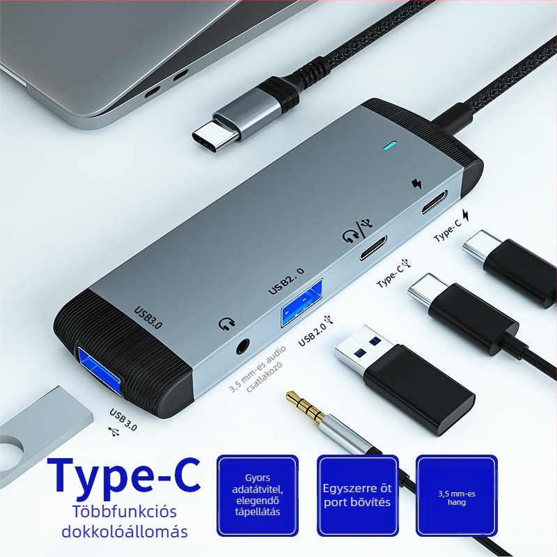 Type-C dokkolóállomás, USB hub 1-6 porttal, 5 Gbps, külső tápellátás, MH368