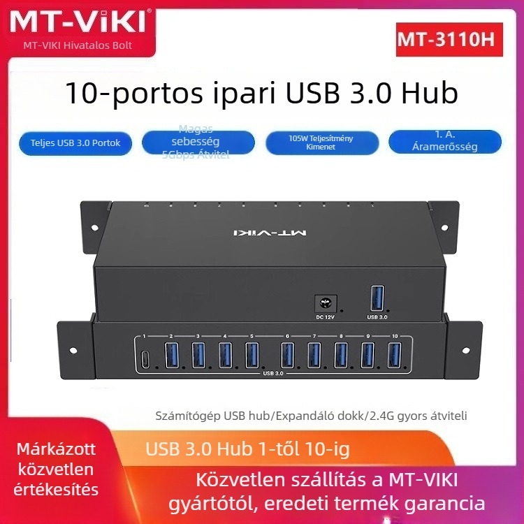 Ipari USB 3.0 hub 10 portos, külső tápellátással, 5 Gbps átviteli sebesség