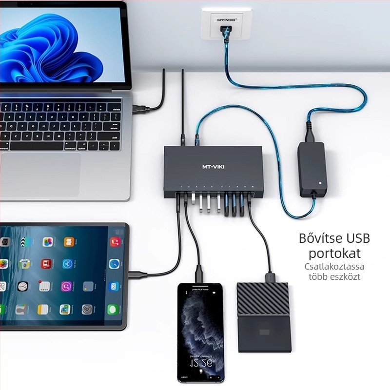 Ipari USB 3.0 hub 10 portos, külső tápellátással, 5 Gbps átviteli sebesség