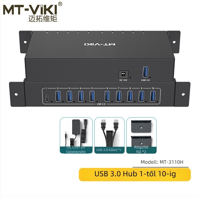 Ipari USB 3.0 hub 10 portos, külső tápellátással, 5 Gbps átviteli sebesség