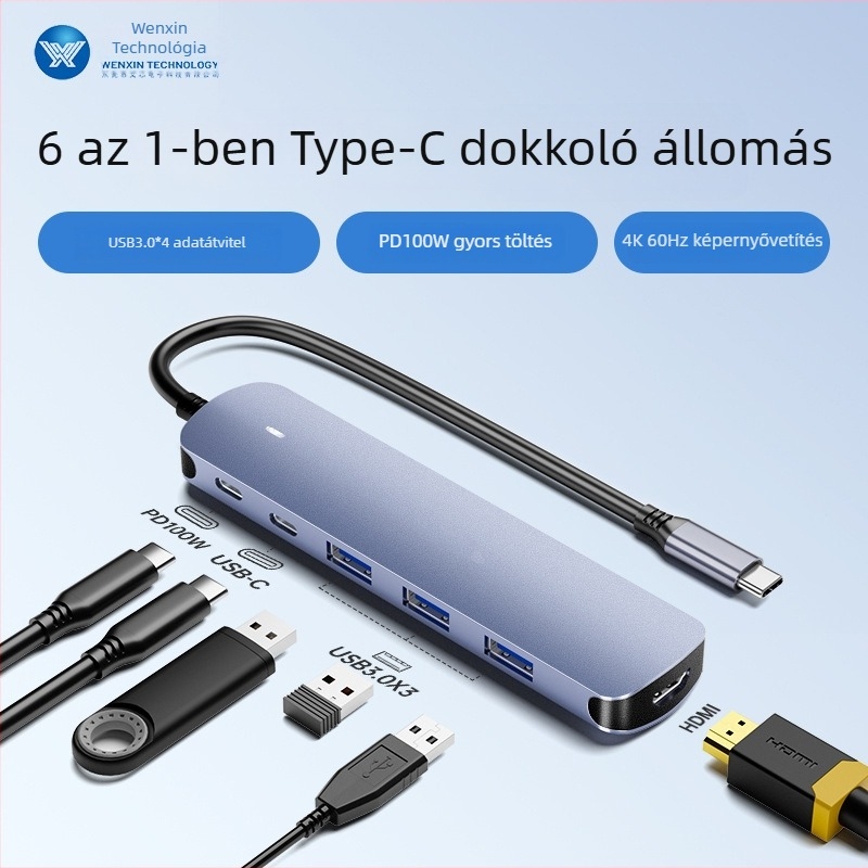 Type-C dokkoló állomás, hat egyben USB hub, 5 Gbps átviteli sebesség, USB-C interfész, akár hat port, külső táp nélkül