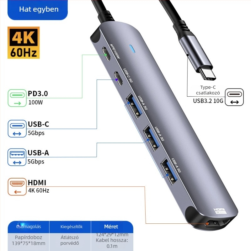 Type-C dokkoló állomás, hat egyben USB hub, 5 Gbps átviteli sebesség, USB-C interfész, akár hat port, külső táp nélkül