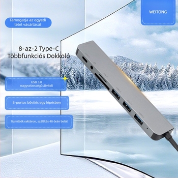 Type-C 8-in-2 funkciójú dokkoló állomás, USB 3.0 hub, 10 Gbps, 20 cm kábel, külső tápegység nélkül, 1–6 port