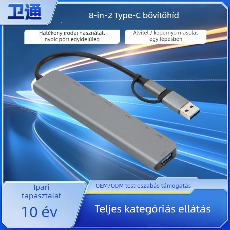 Type-C 8-in-2 funkciójú dokkoló állomás, USB 3.0 hub, 10 Gbps, 20 cm kábel, külső tápegység nélkül, 1–6 port