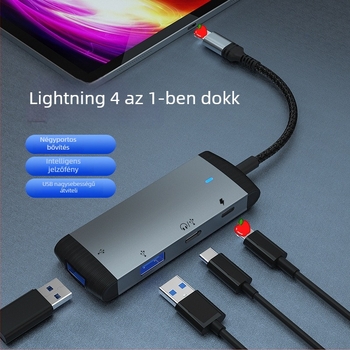 Lightning-hoz USB 3.0 dokkoló töltés és hangzás, 4-in-1 bővítés, Lightning interfész, 480 Mbps, külső tápegység