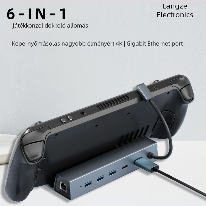 Hat funkciós Type-C dokkoló állomás hordozható játékkonzol alaphoz – HDMI 4K60Hz kimenet, USB-C 5Gbps adatátvitel, Gigabit Ethernet, külső tápegység nélkül