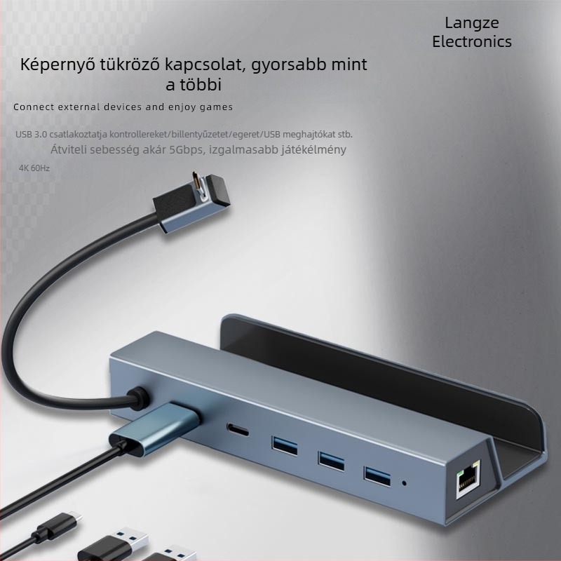 Hat funkciós Type-C dokkoló állomás hordozható játékkonzol alaphoz – HDMI 4K60Hz kimenet, USB-C 5Gbps adatátvitel, Gigabit Ethernet, külső tápegység nélkül