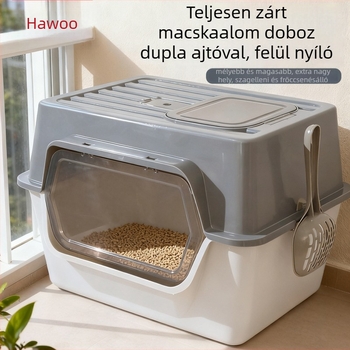 Teljesen zárt macskaalomtál, négyszögletes, PP anyag, szagtalanító, fröccsenés elleni védelem