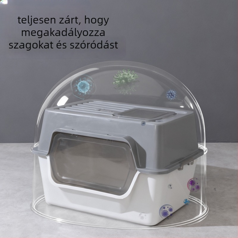 Teljesen zárt macskaalomtál, négyszögletes, PP anyag, szagtalanító, fröccsenés elleni védelem