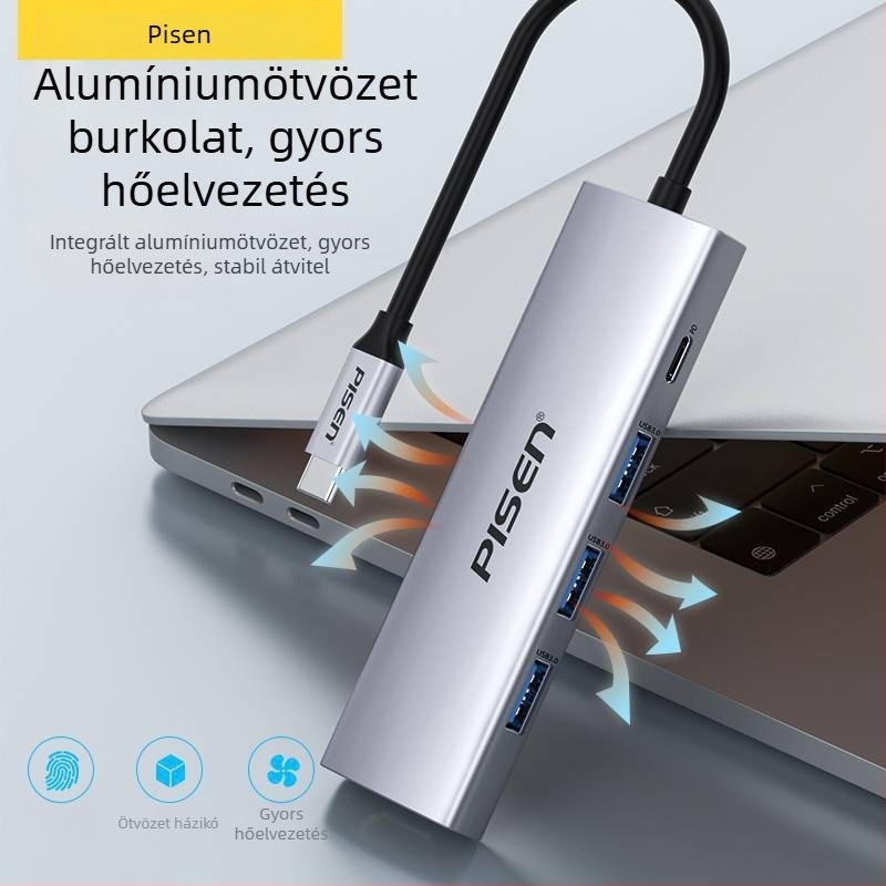Pisen Type-C hub osztó, USB 3.0, busz táplálású, 1 Type-C bemeneti port