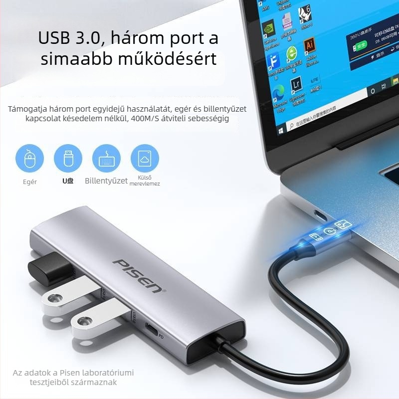 Pisen Type-C hub osztó, USB 3.0, busz táplálású, 1 Type-C bemeneti port