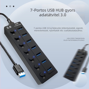 USB 3.0 7-portos hub független kapcsolókkal – Modell L80, 5 Gbps, Külső tápegység