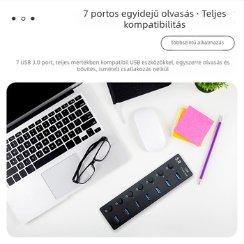 USB 3.0 7-portos hub független kapcsolókkal – Modell L80, 5 Gbps, Külső tápegység