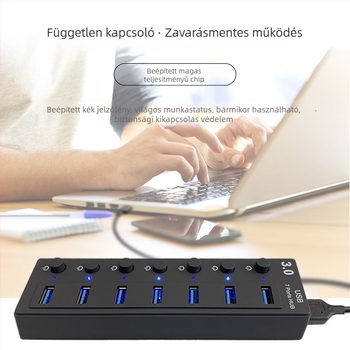 USB 3.0 7-portos hub független kapcsolókkal – Modell L80, 5 Gbps, Külső tápegység