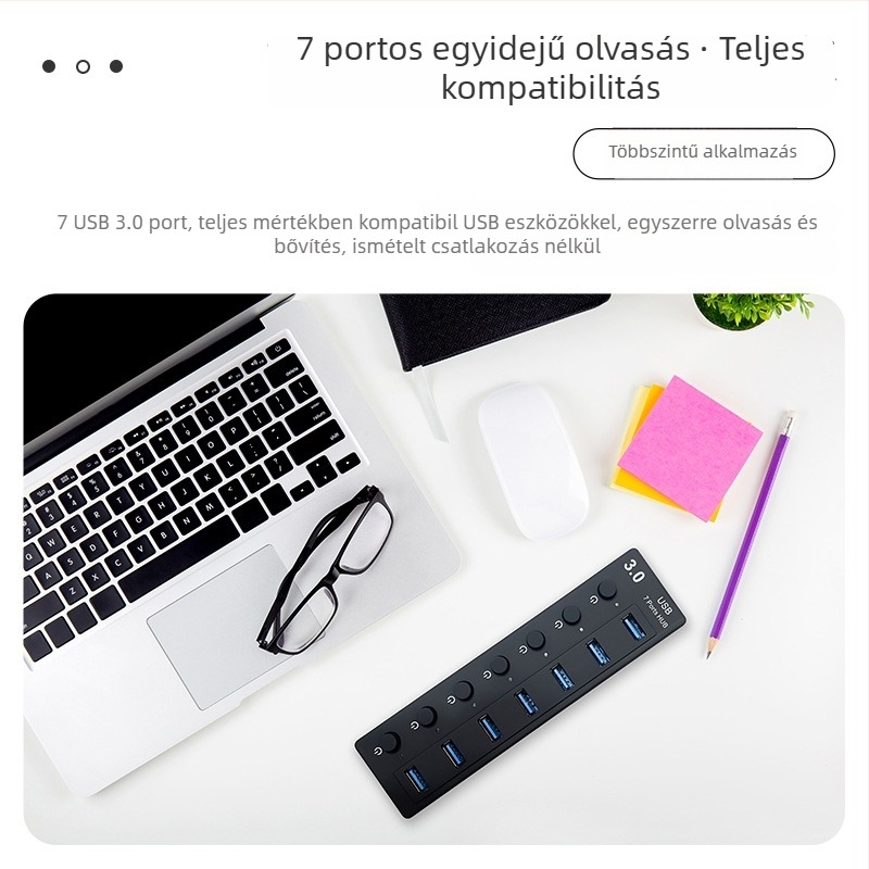 USB 3.0 7-portos hub független kapcsolókkal – Modell L80, 5 Gbps, Külső tápegység