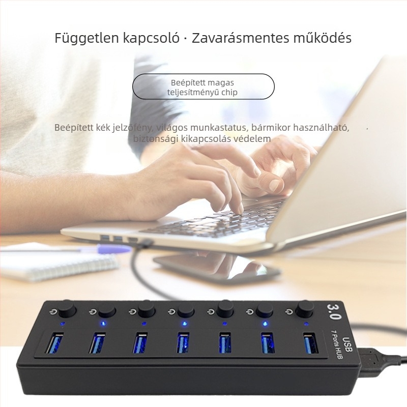 USB 3.0 7-portos hub független kapcsolókkal – Modell L80, 5 Gbps, Külső tápegység