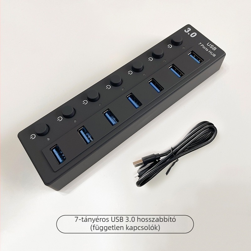 USB 3.0 7-portos hub független kapcsolókkal – Modell L80, 5 Gbps, Külső tápegység
