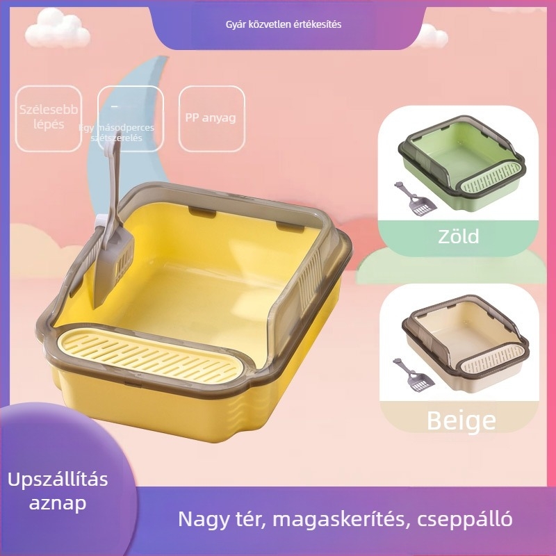 Félig zárt macskatálca magas oldalakkal, extra nagy méret, antifröccs dizájn, tartozékként macskaalom-kanál