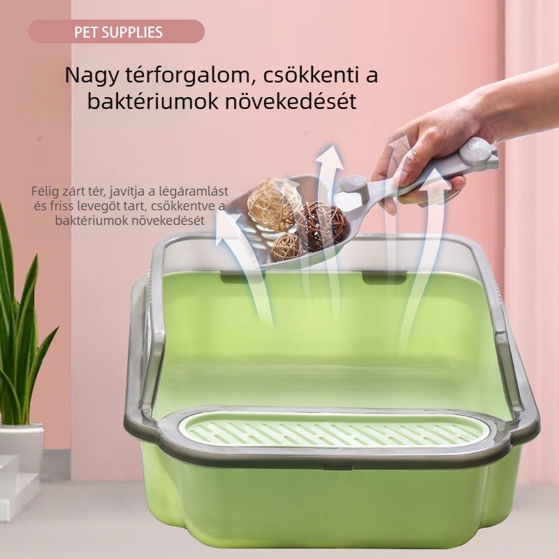 Félig zárt macskatálca magas oldalakkal, extra nagy méret, antifröccs dizájn, tartozékként macskaalom-kanál