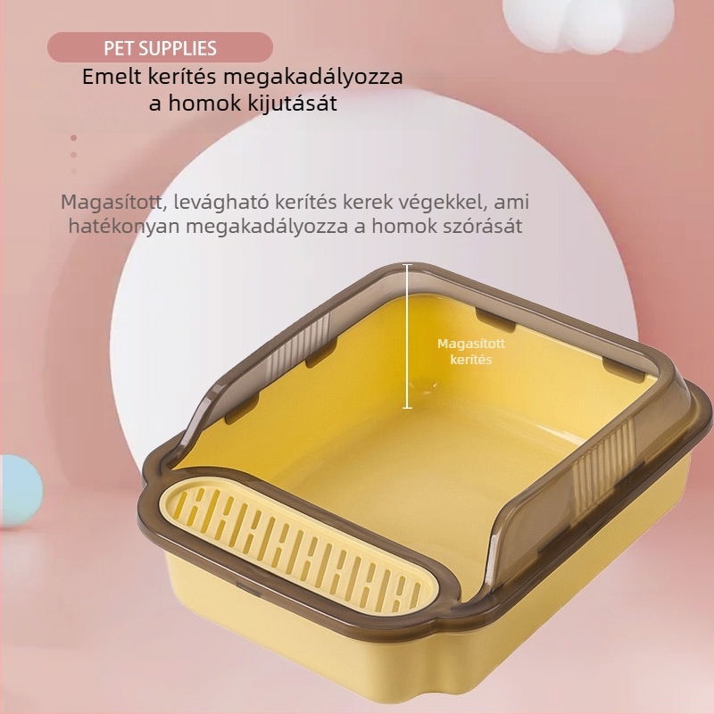 Félig zárt macskatálca magas oldalakkal, extra nagy méret, antifröccs dizájn, tartozékként macskaalom-kanál