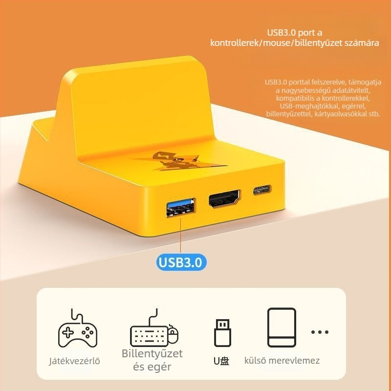 Nintendo Switch bővítő dokkoló USB-C hub 3 porttal, 5 Gbps átviteli sebesség, 150 mm hosszú kábel, külső tápegység nélkül