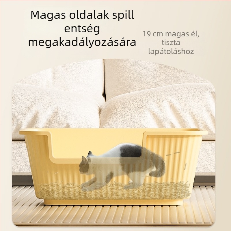 Gigantikus macskaalomtálca, extrán nagy méret, szóródásmentes, anti-szóródás funkcióval, félig zárt, nyitott stílusú