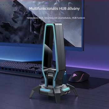 HB25 modellű USB asztali fejhallgatóállvány RGB világítással, Micro USB csatlakozás
