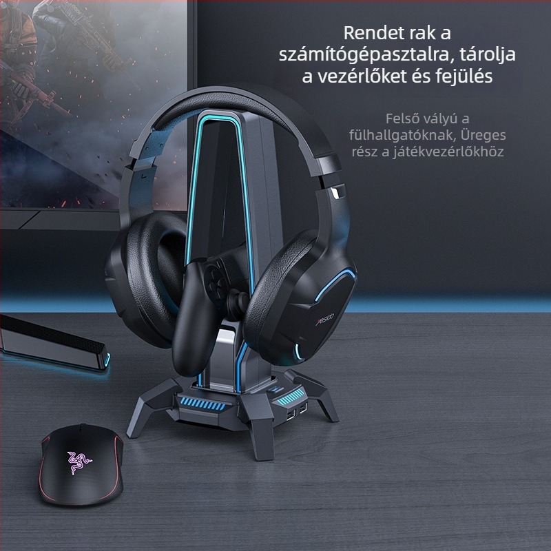 HB25 modellű USB asztali fejhallgatóállvány RGB világítással, Micro USB csatlakozás