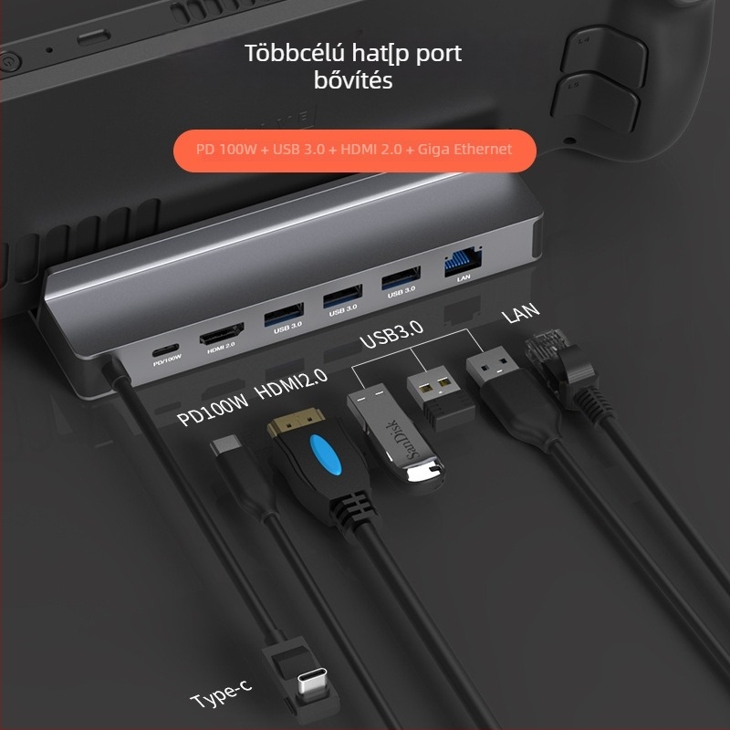 ROG Steam Deck USB-C dokk, hub 1–6, 5 Gbps, 10 cm kábel, külső tápellátás nélkül