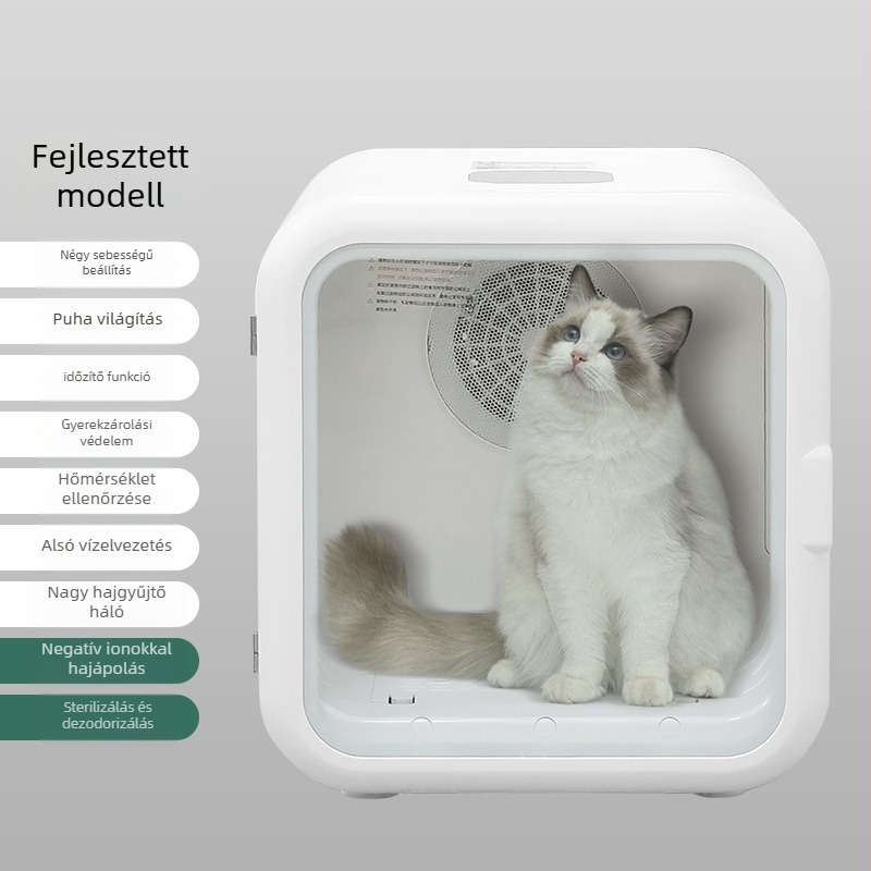 Intelligens háztartási kisállat-szárító macskáknak és kutyáknak, sterilizálási és szárítási funkcióval, Modell ES-HGX24051601, 1000–1199W, 110–220V, 22–39°C, Túlmelegedés elleni védelem