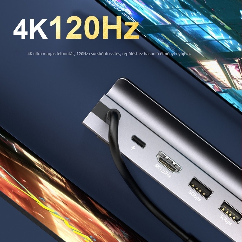 Hat egyben hordozható bővítő dokk alumínium burkolattal, Type-C interfésszel, 4K120Hz felbontással és 5 Gbps átviteli sebességgel